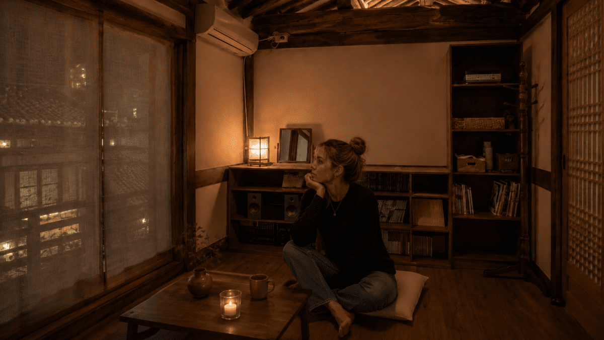 A woman sits alone in a quiet hanok room at night, reflecting the hesitation mechanism and emotional overprocessing after social interaction.