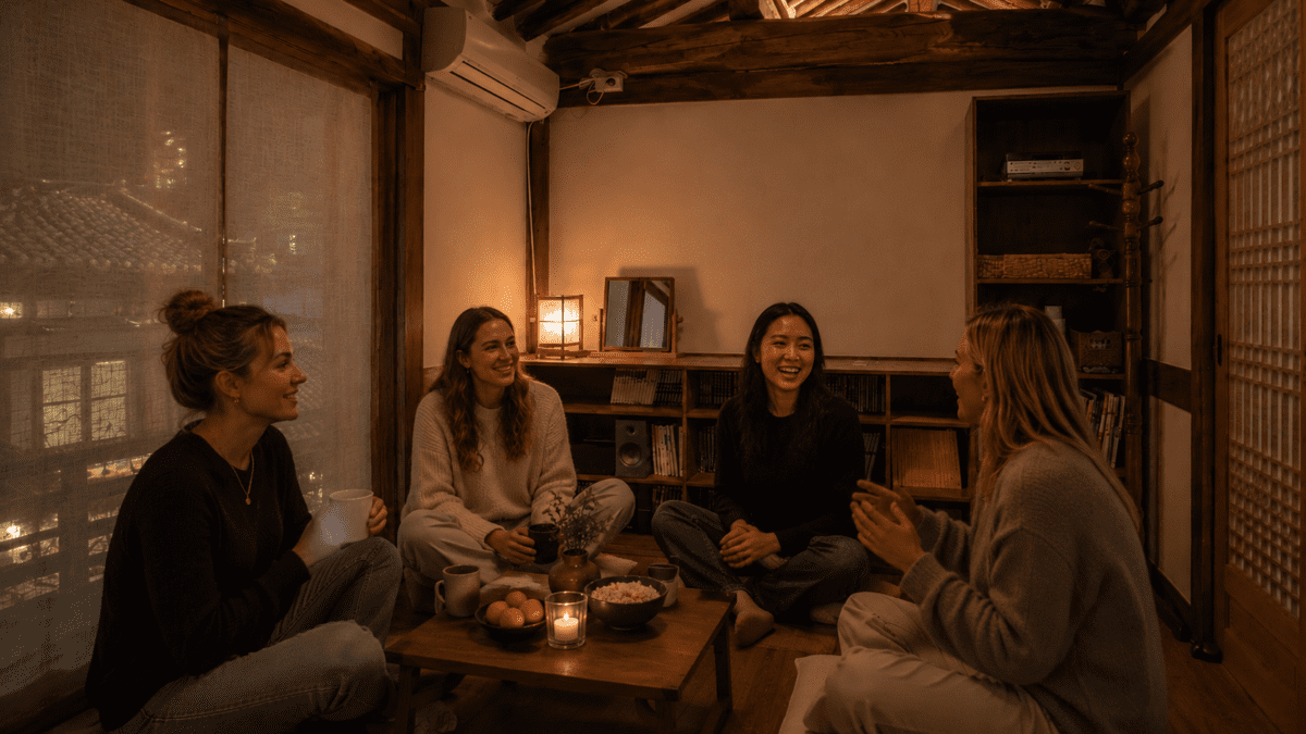 Four women sit together in a quiet room, reflecting how the hesitation mechanism softens in emotionally safe conversations.