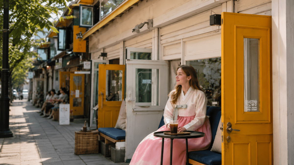 Woman in hanbok drinking coffee at a cafe along Seosulla gil, with quiet old Seoul streets and traditional stone walls.
