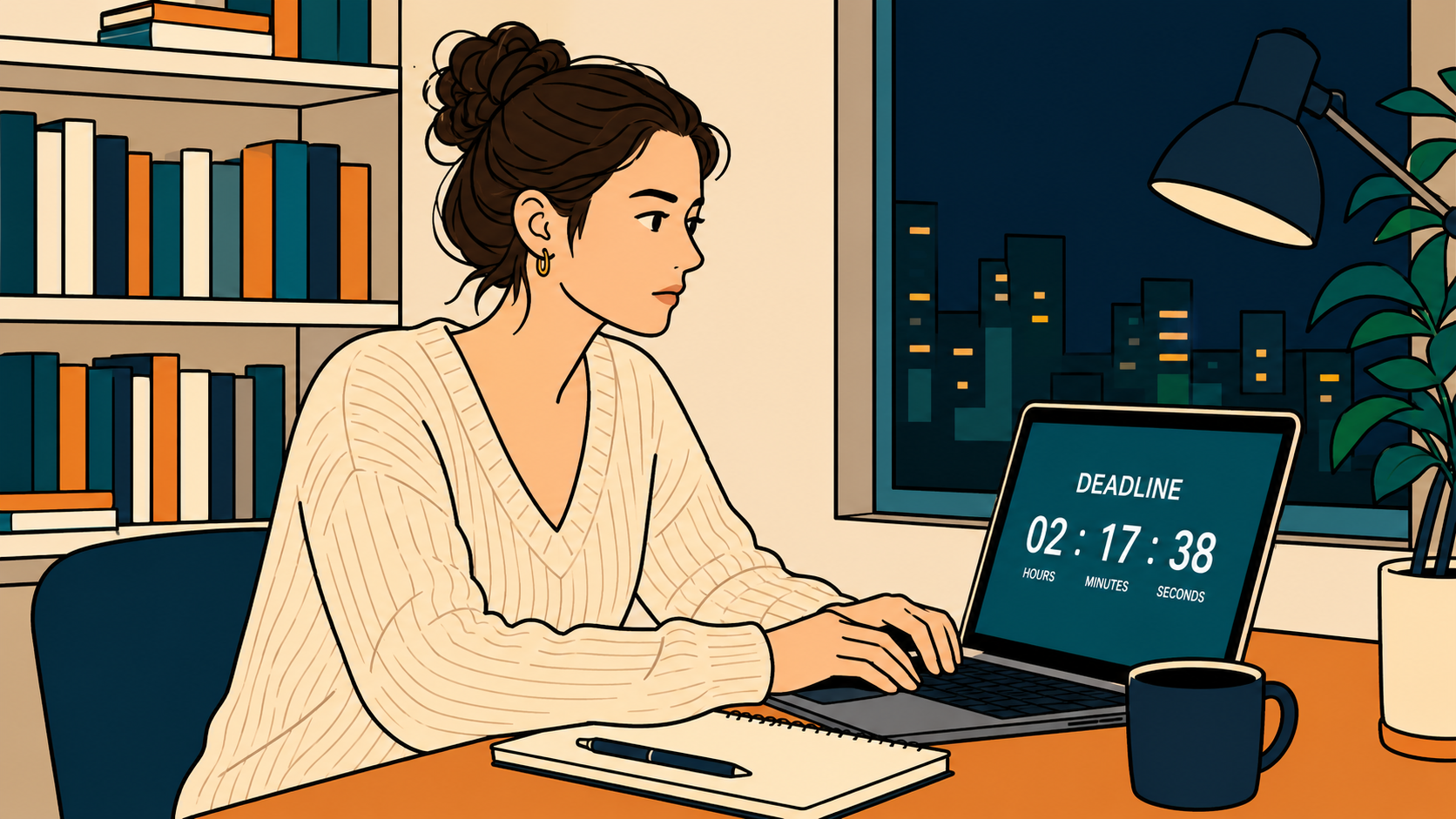 Minhwa-style illustration of a woman choosing a major under pressure against a deadline