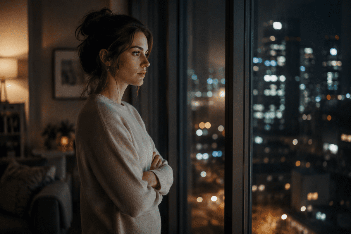 A woman looking out over a city at night, illustrating how house moods influence emotional awareness, inner reflection, and long-term emotional patterns.