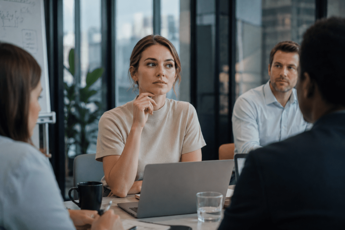 A professional woman listening carefully during a team meeting, showing how house moods influence confidence, people-pleasing behaviors, and social interactions later in life.