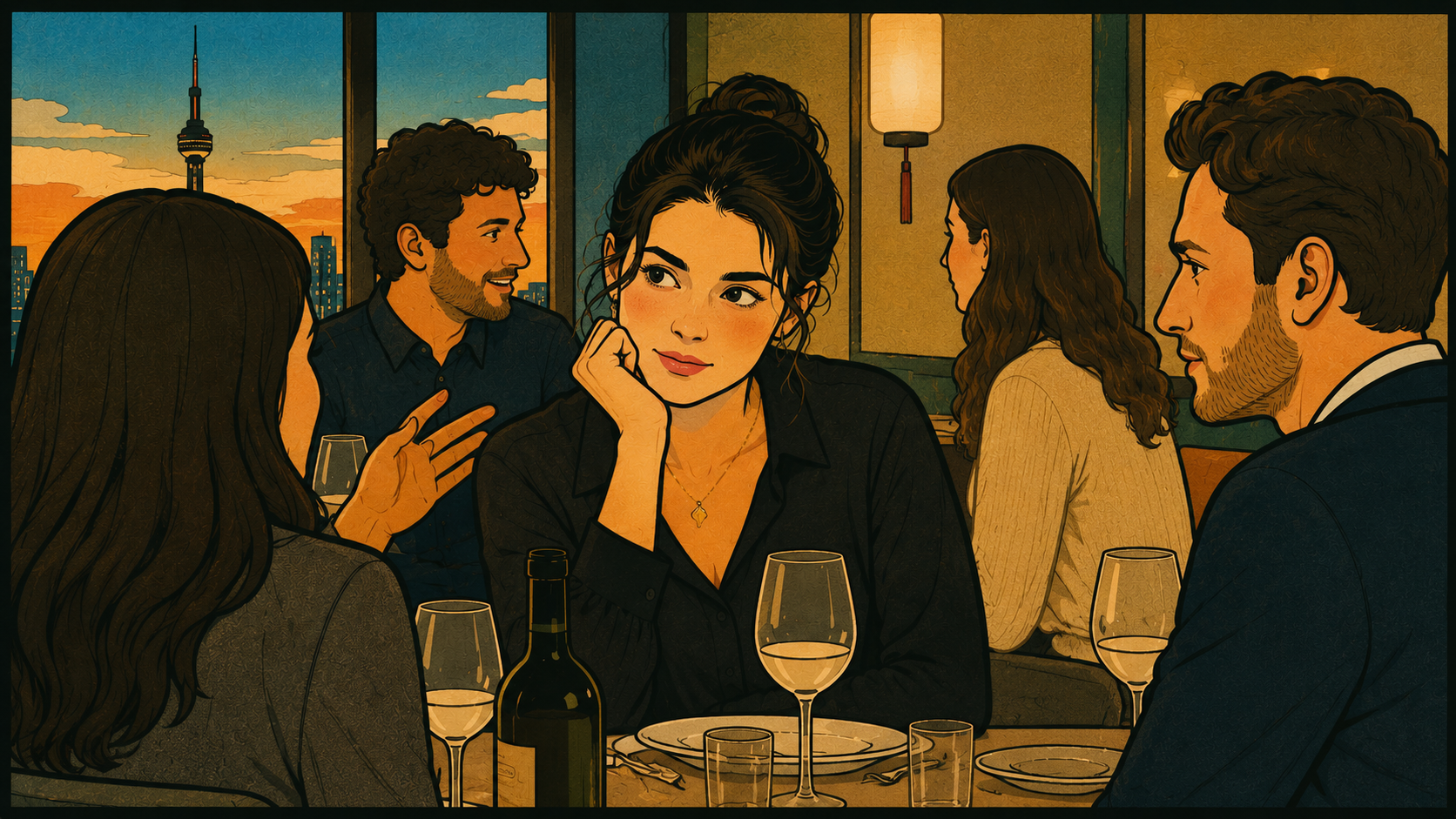 House moods modern minhwa thumbnail showing a woman reading the emotional atmosphere of a social gathering.