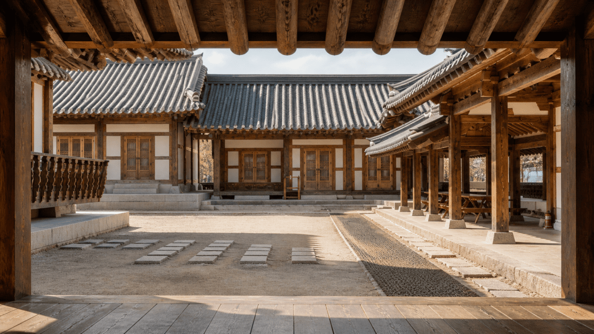 Traditional Korean hanok courtyard reflecting the confined domestic space central to The Housemaid and Kim Ki-young cinema.