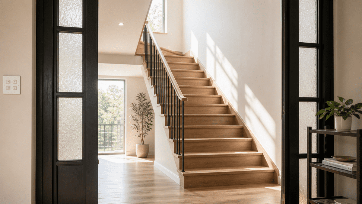 Modern staircase interior reflecting the layered domestic space and psychological tension central to The Housemaid.
