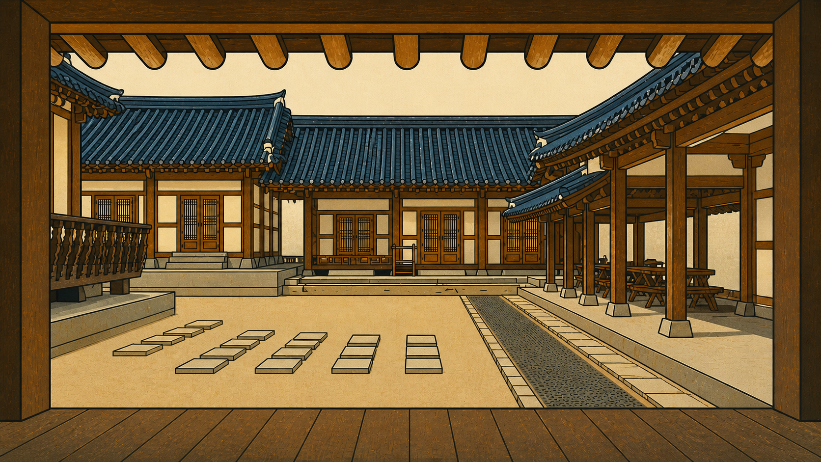 Traditional Korean hanok courtyard in folk painting style reflecting the enclosed space and atmosphere of The Housemaid.