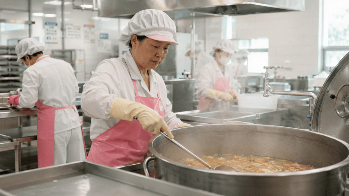 Cooks preparing soup in large pots in a school kitchen, showing how Korean school lunch works behind the scenes