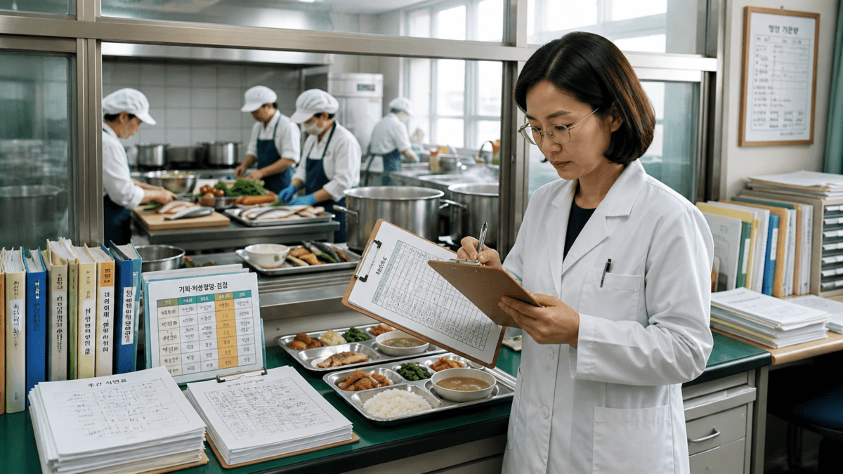 Korean school nutritionist reviewing how Korean school lunch works through menu planning while kitchen staff prepares meals.