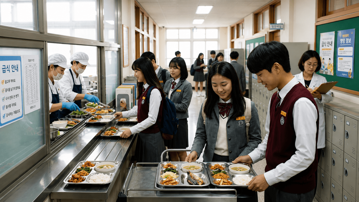 Korean school lunch serving line with staff distributing meals showing the system structure that enables organized meal distribution.