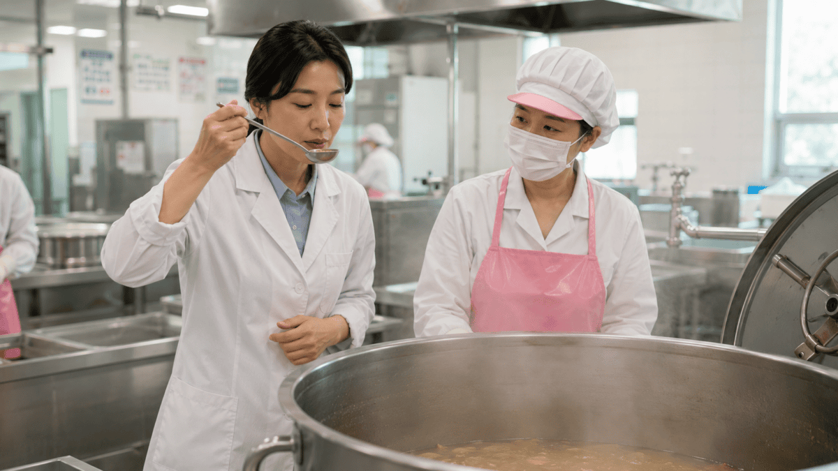 A nutritionist tasting soup from a large pot, quality control in how Korean school lunch works