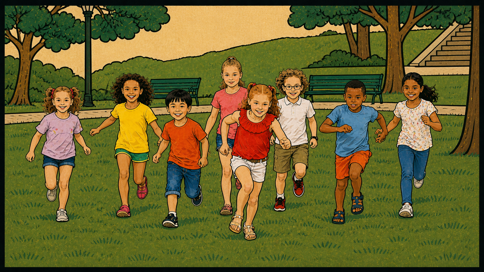 Illustration of children running and playing in a park, showing how school lunch supports child health and development.