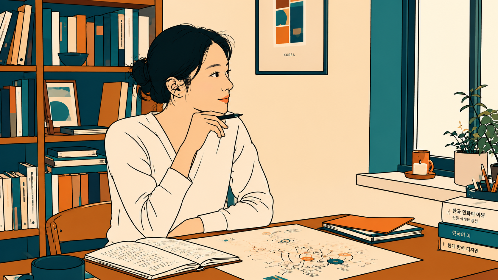 Minhwa-style illustration of a woman at her desk, reflecting on how human design and k-saju work together.