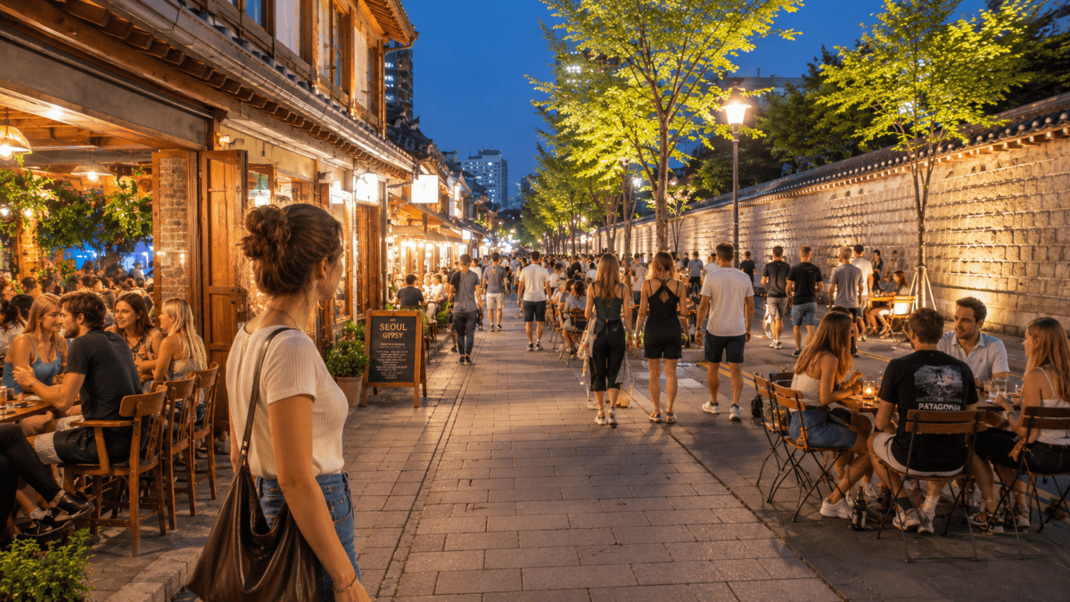 Woman standing in a crowded old Seoul night street, surrounded by outdoor cafes, warm lights, and people gathering late into the evening