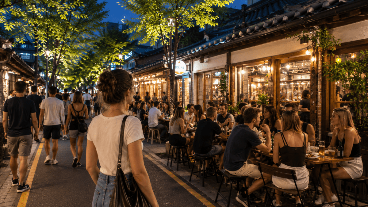 Woman walking through a lively old Seoul night street filled with outdoor dining, warm cafe lights, and crowded local atmosphere.