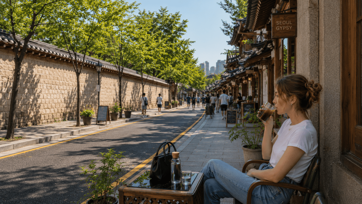 Woman drinking iced coffee along an old Seoul street in Ikseondong, with traditional stone walls, hanok-style cafes, and a quiet afternoon atmosphere.