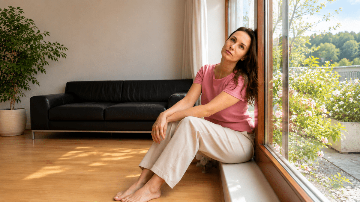 Woman sitting at a window in a bright room, her thoughtful expression revealing the tension of trying to rest while her nervous system still believes worth and safety must be constantly proven.
