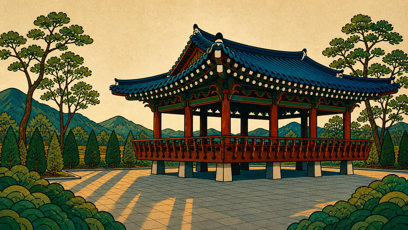 Traditional Korean pavilion in folk painting style reflecting memory, distance, and identity in Isang Yun's exile.