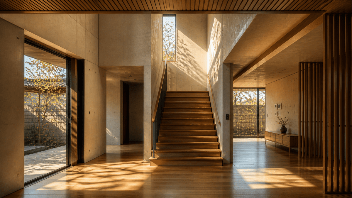 Modern staircase interior reflecting the layered domestic space and trapped structure central to Kim Ki-young cinema.