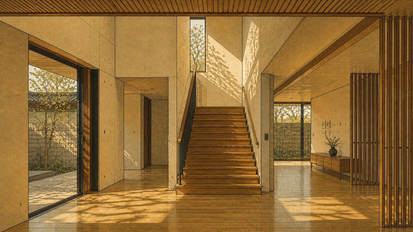 Modern interior staircase reflecting layered space, hierarchy, and trapped structure in Kim Ki-young cinema.