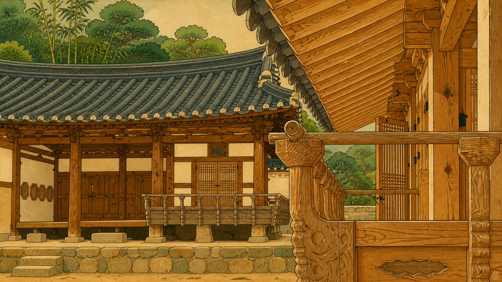 Traditional Korean house in folk painting style, reflecting the closed space and tension central to Kim Ki-young cinema.