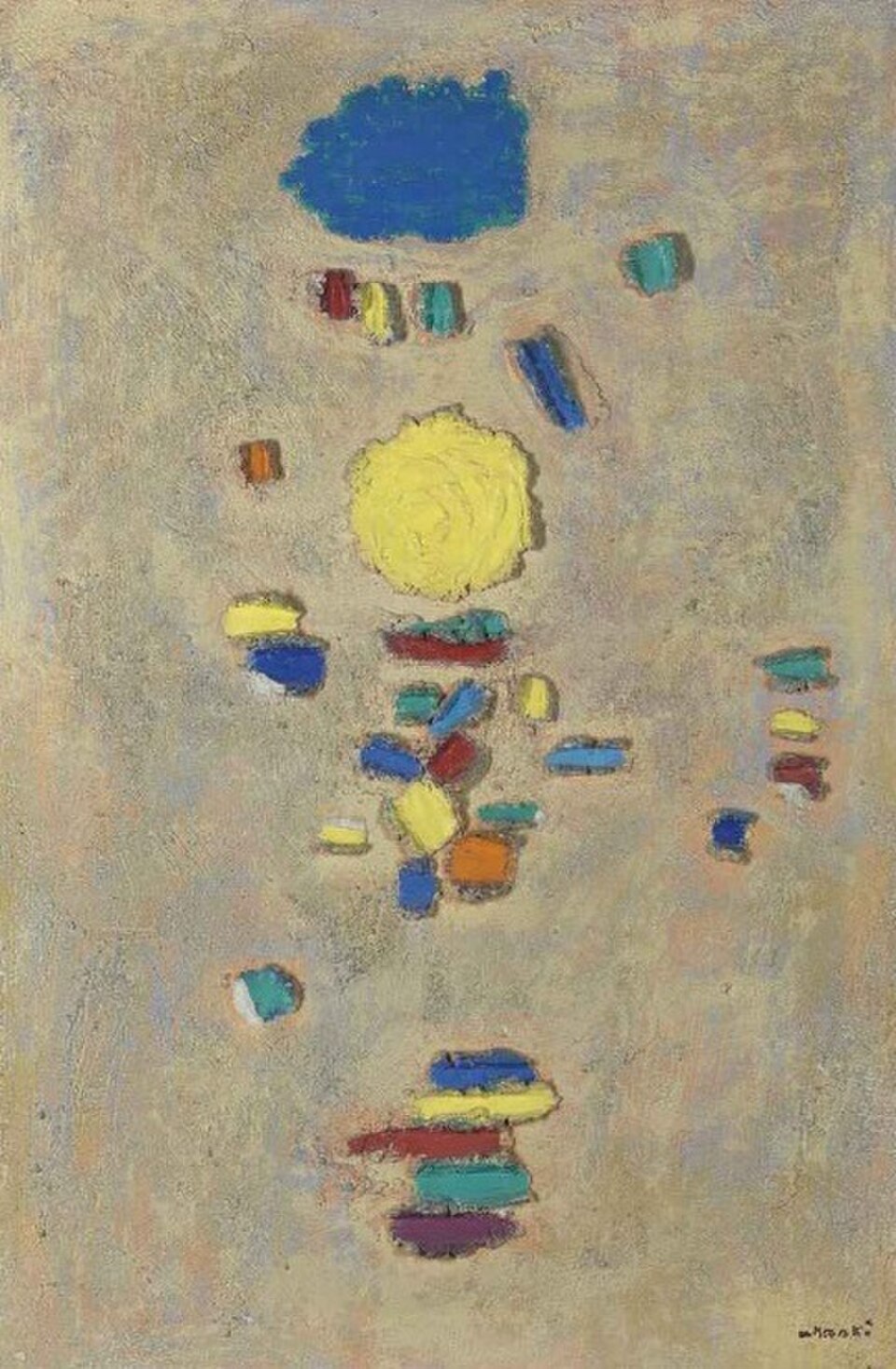Abstract painting by Kim Whanki showing floating colors and early forms of the Kim Whanki dot