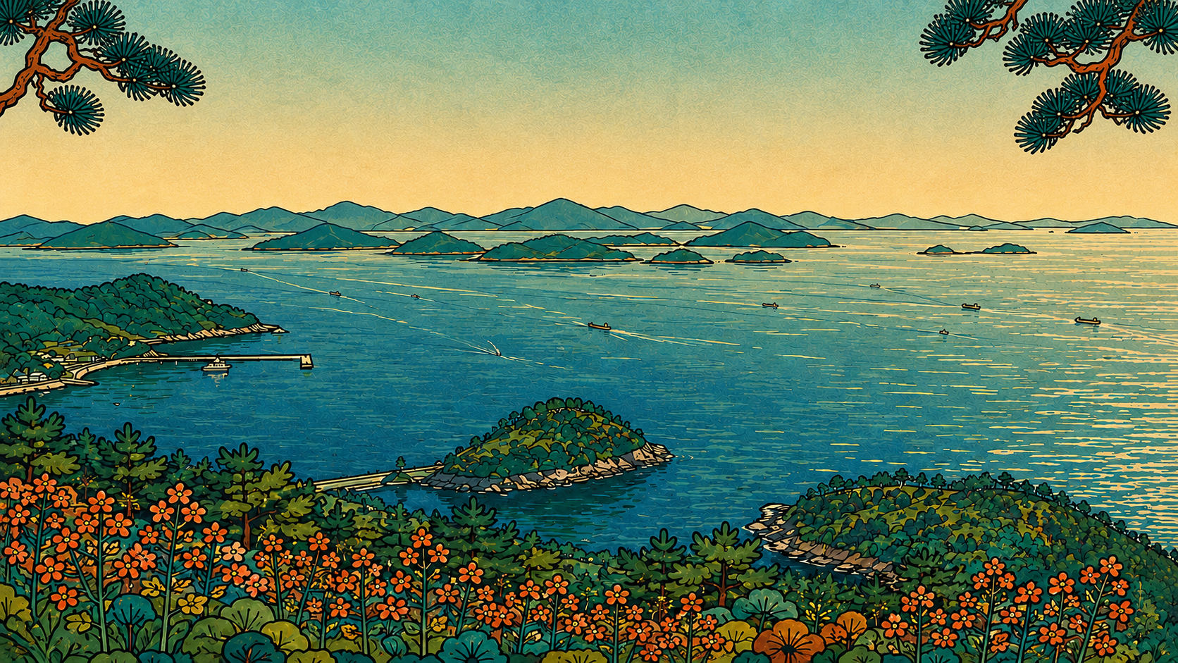 Korean-style island landscape illustration reflecting the quiet atmosphere behind the Kim Whanki dot