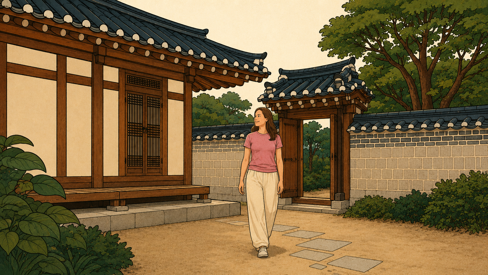 Korean folk art-style illustration of a woman walking through a hanok courtyard, a moment of understanding where worth and safety became conditional, and how the nervous system learned to equate them with constant proof.