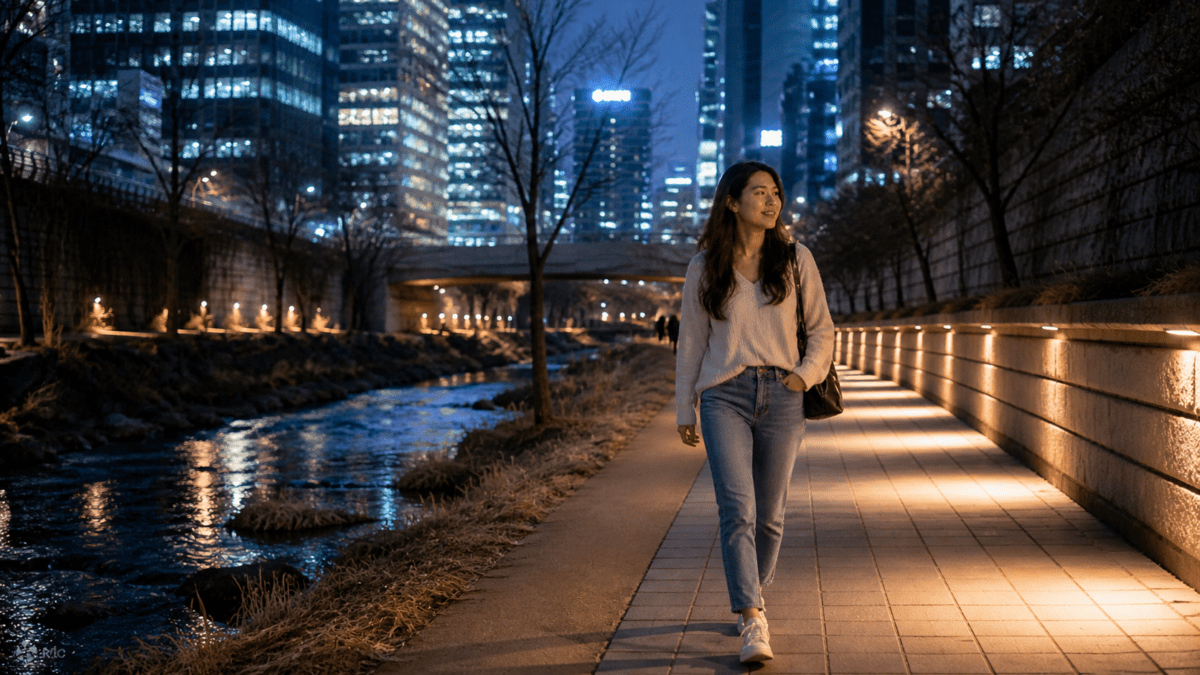 Solo female travel to Korea: Woman walking alone at night by an illuminated stream in Seoul