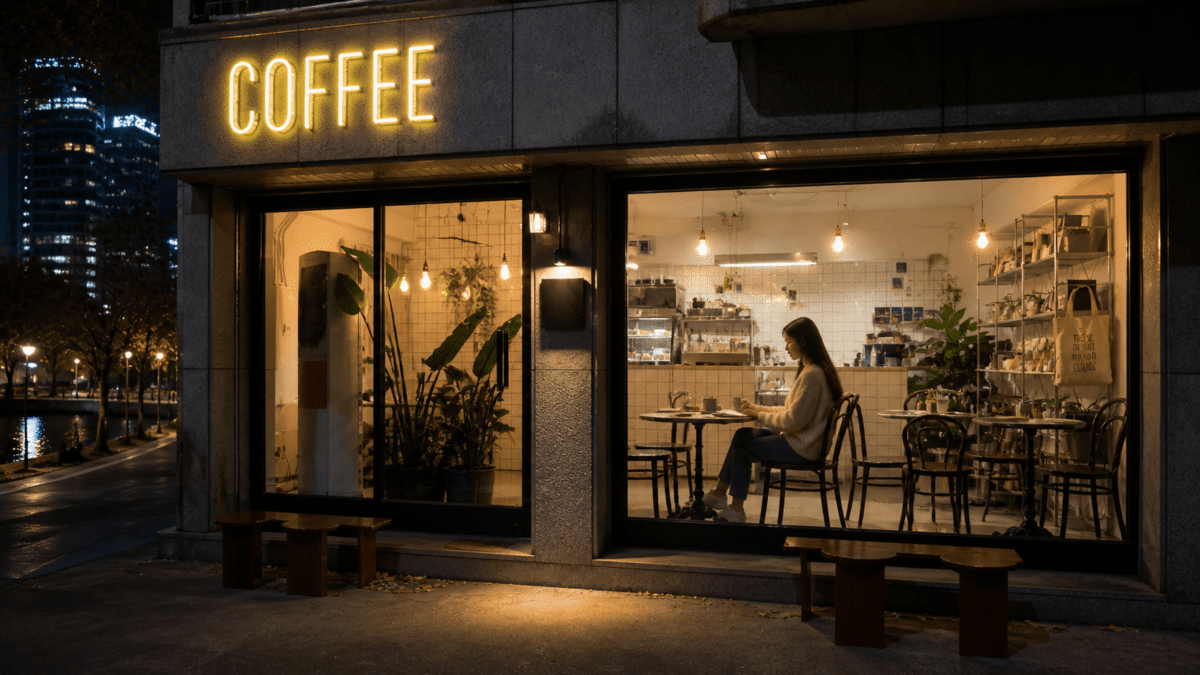 Solo female travel to Korea: Woman sitting alone at a coffee shop at night in Seoul