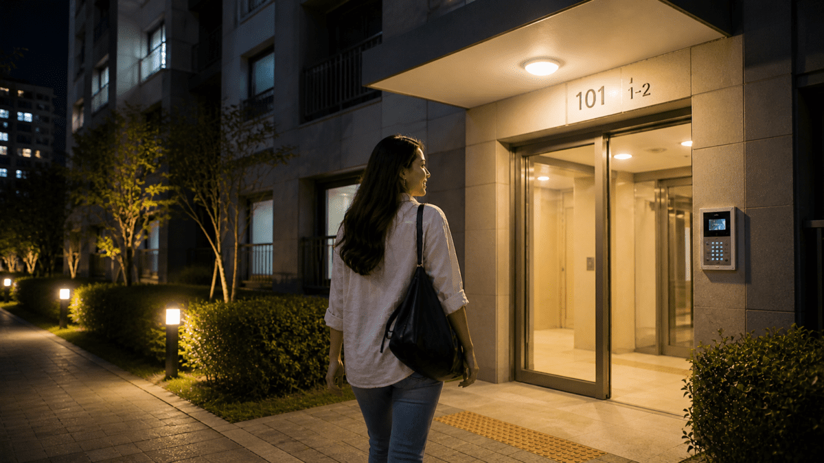 Solo female travel to Korea: Woman returning home safely at night to her Seoul apartment
