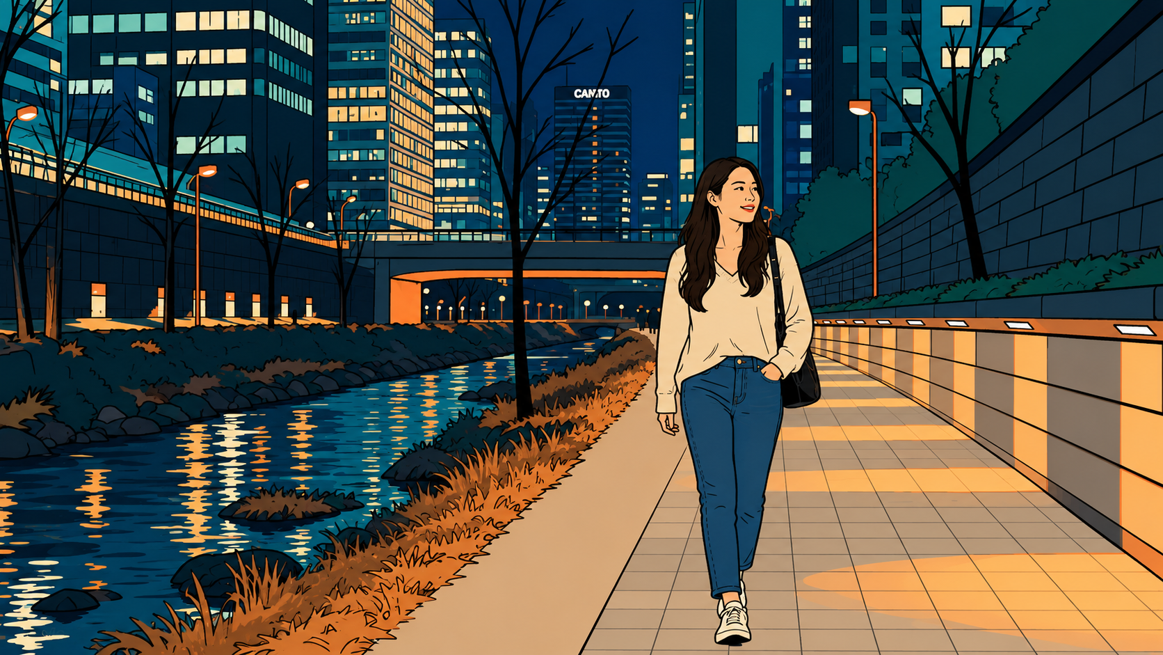 Solo female travel to Korea: Woman walking alone at night by the Han River in Seoul - illustration