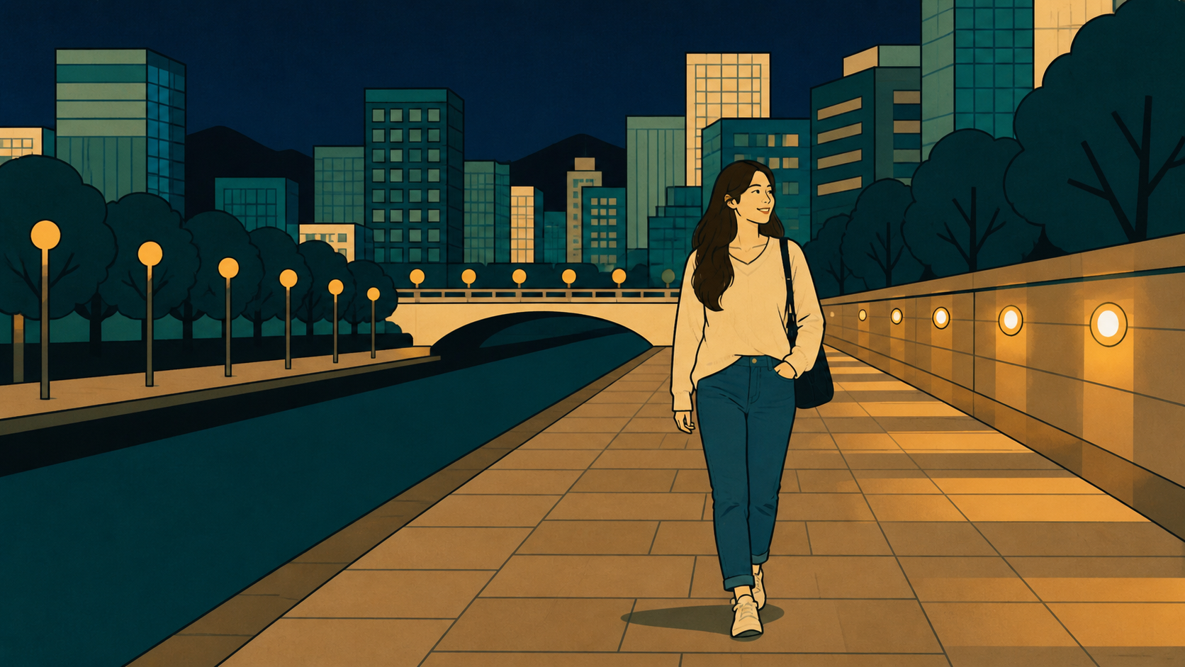 Solo female travel to Korea: Woman walking alone at night by the Han River in Seoul - illustration