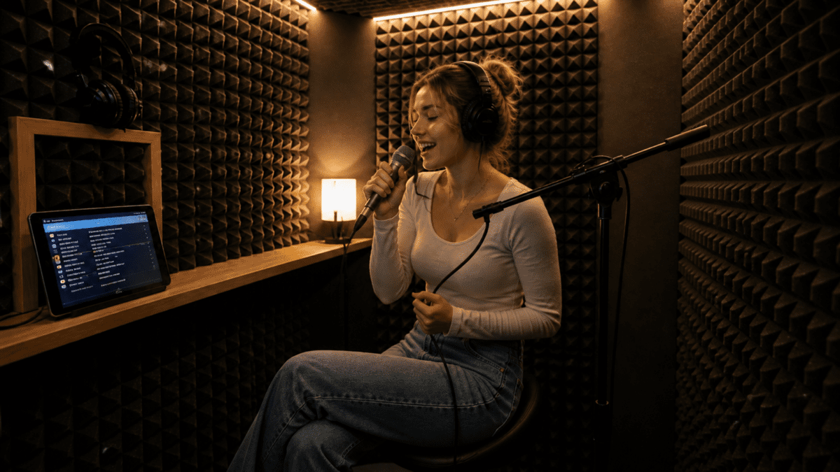 Korean nightlife: Woman singing in a private noraebang (karaoke) room at night in Seoul