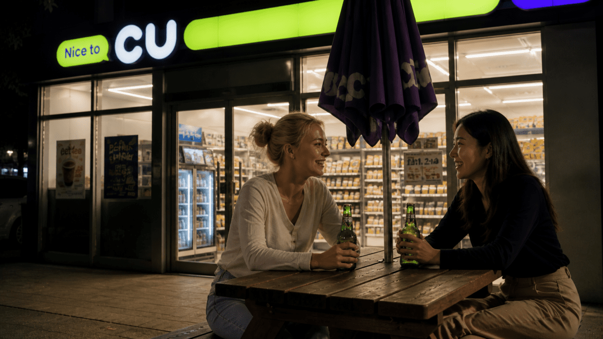 Korean nightlife: Two women sitting outside a convenience store at night with beer, chatting - Seoul 24-hour culture