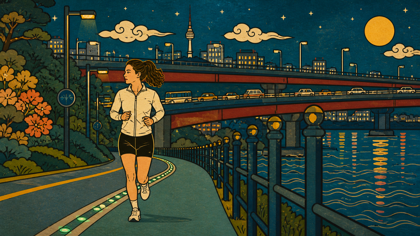 Korean nightlife: Woman jogging at night in Seoul with moonlit Han River and city lights - illustration
