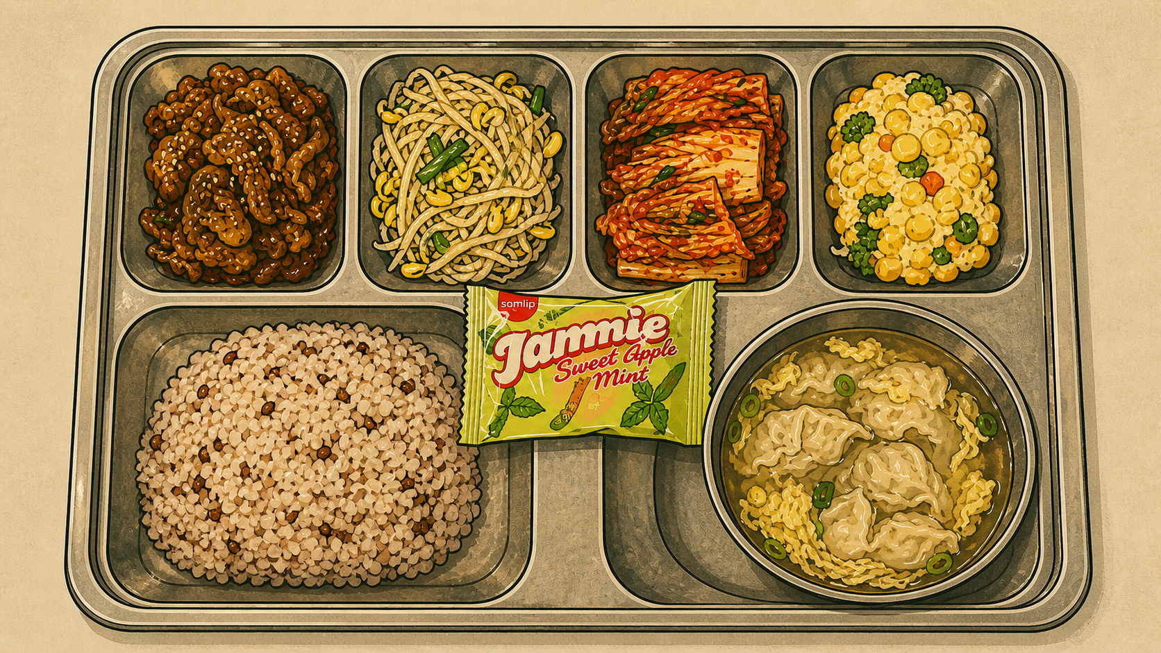 Illustration of Korean school lunch tray with multigrain rice, braised beef, noodles, vegetables, corn, soup, and snack.