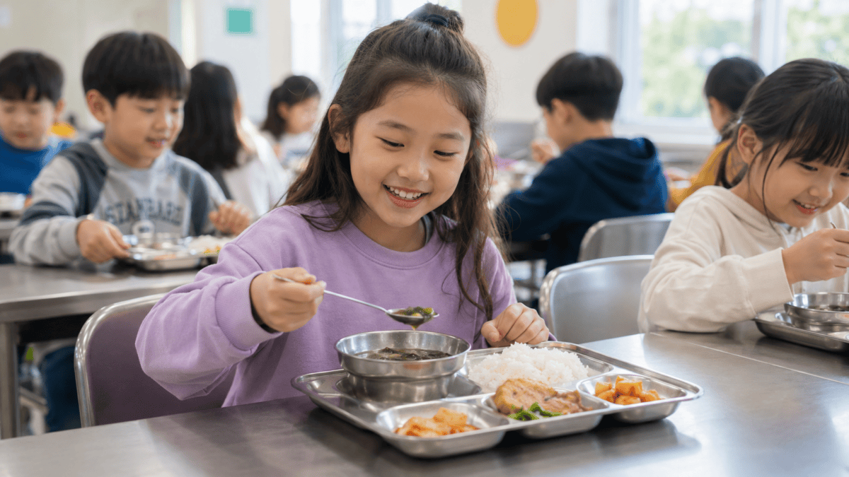 Children enjoying a Korean school lunch with rice, soup, and side dishes in a bright cafeteria