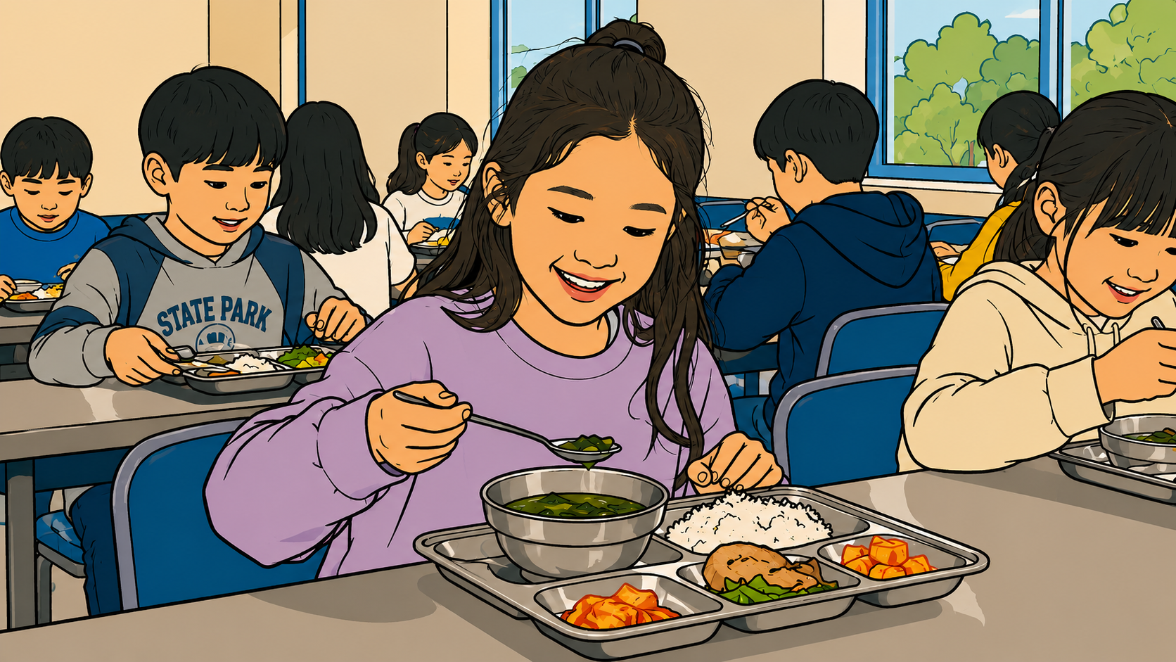 Illustration of children receiving a Korean school lunch with fresh side dishes in a school cafeteria