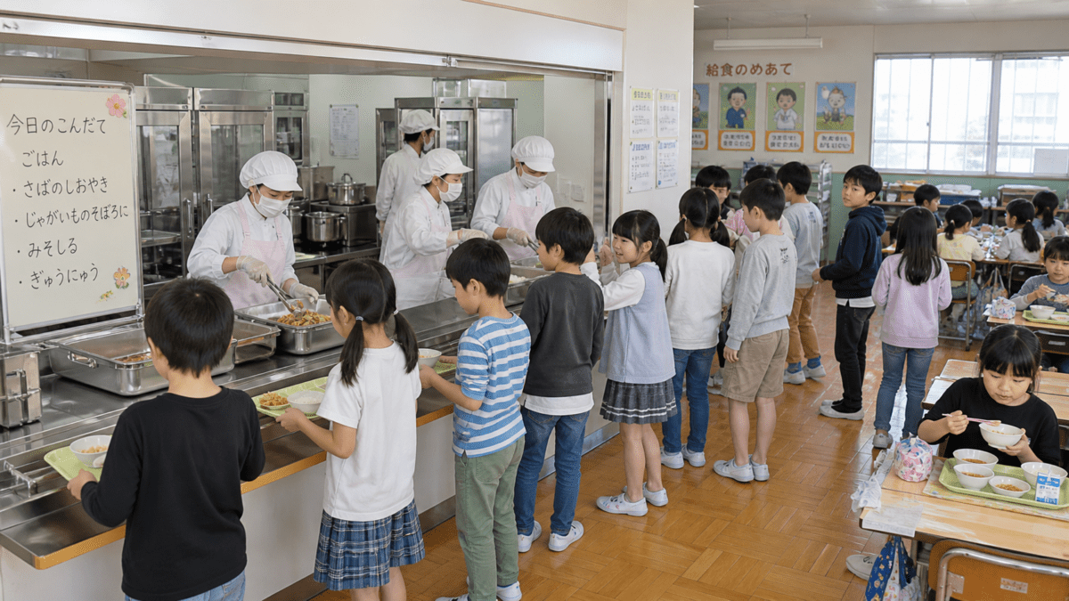 Japanese school lunch serving with students in line, showing basic meal structure compared to Korean school lunch system