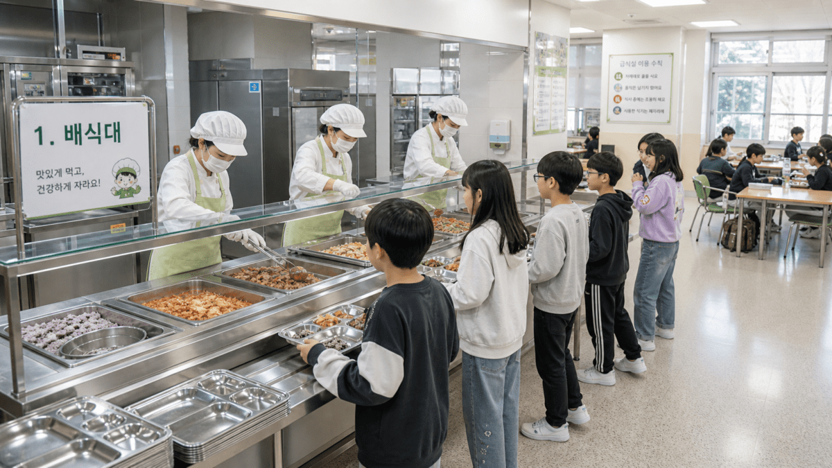 Korean school lunch serving line with students selecting cooked dishes from uniformed staff.