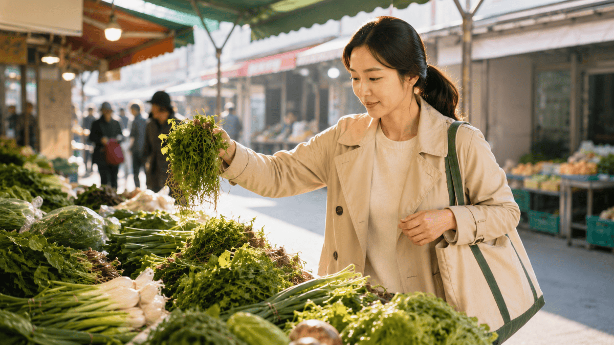 A nutritionist choosing fresh seasonal greens at a morning market for Korean school lunch