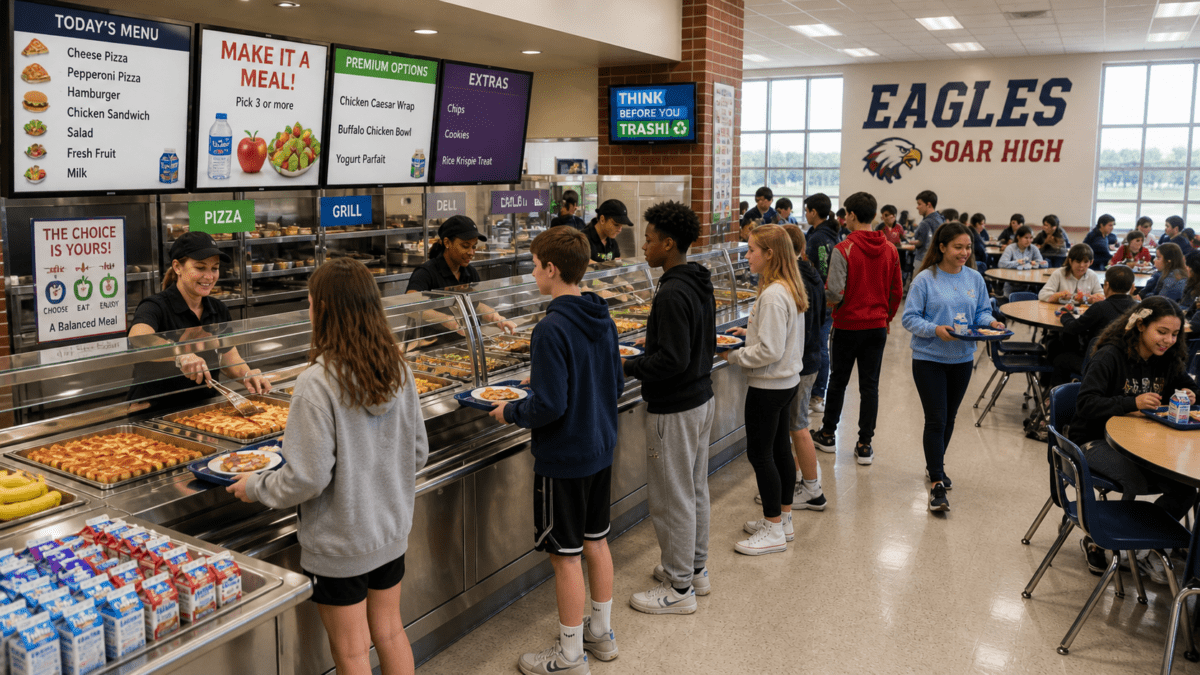 American school cafeteria lunch line with students selecting pizza, burgers, and packaged foods, contrasting the system structure with Korean school lunch.