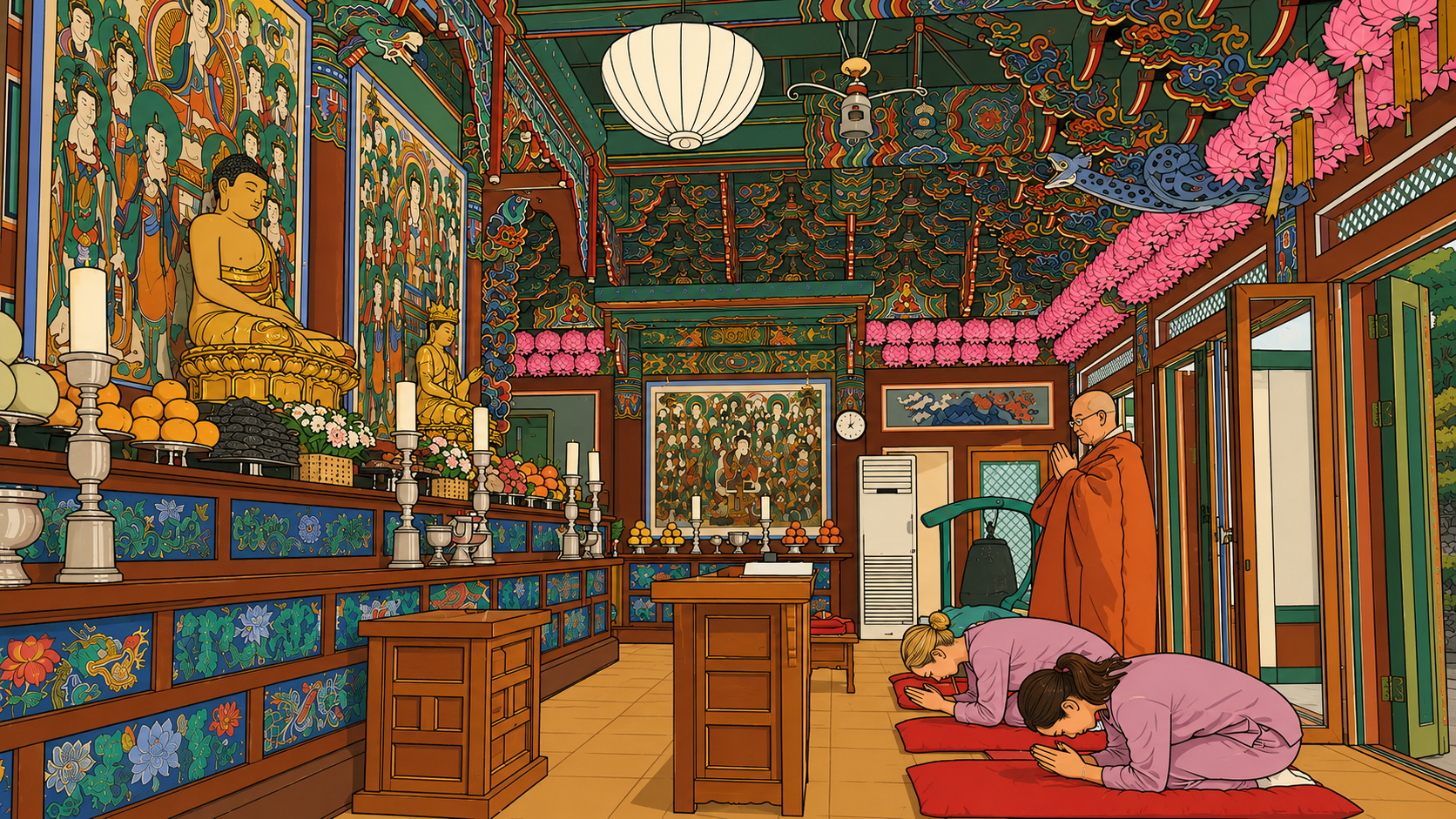 Illustrated Korean temple experience showing participants paying respects inside the Main Buddha Hall of a Buddhist temple.