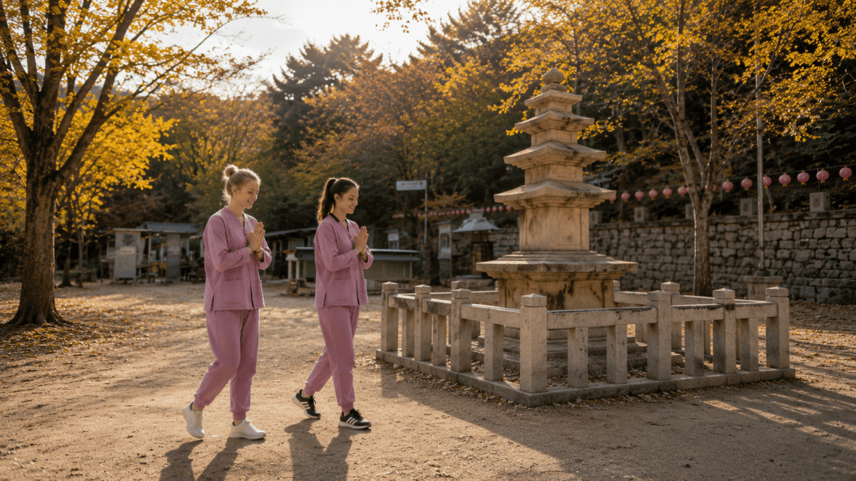 Participants walking through the temple grounds during a Korean temple experience at Jingwansa in autumn.