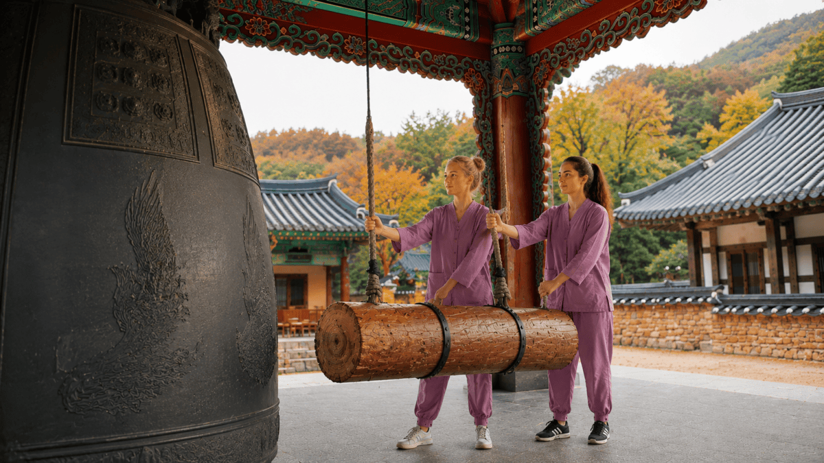 Korean temple experience participants ringing the temple bell together at Jingwansa in autumn.