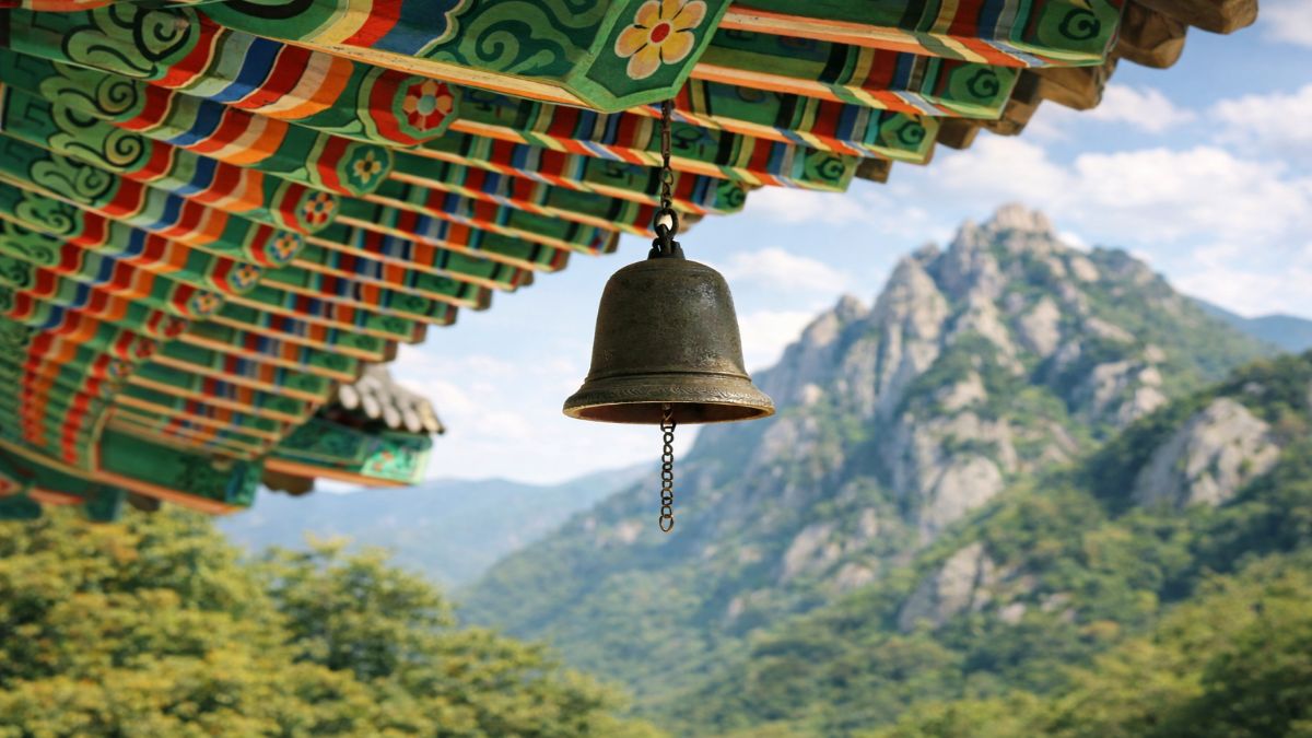 A bronze temple bell hanging from a traditional Korean pavilion with mountains in the background, representing Korean temple morning—illustrating the 4 AM bell that doesn't ask permission and calls the body to movement before the mind wakes.