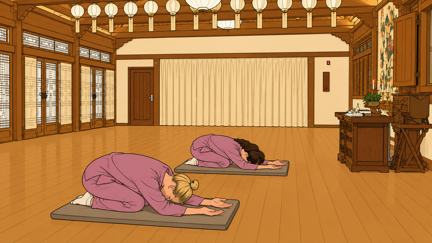 Two women in temple robes performing 108 bows during a Korean temple morning at Jingwansa, illustration