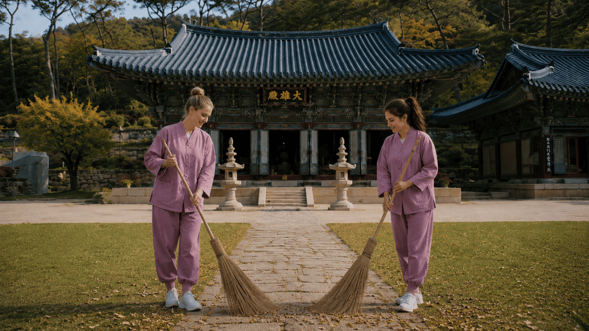 Two women in temple robes sweeping fallen ginkgo leaves during ulyeok at Jingwansa on a Korean temple morning
