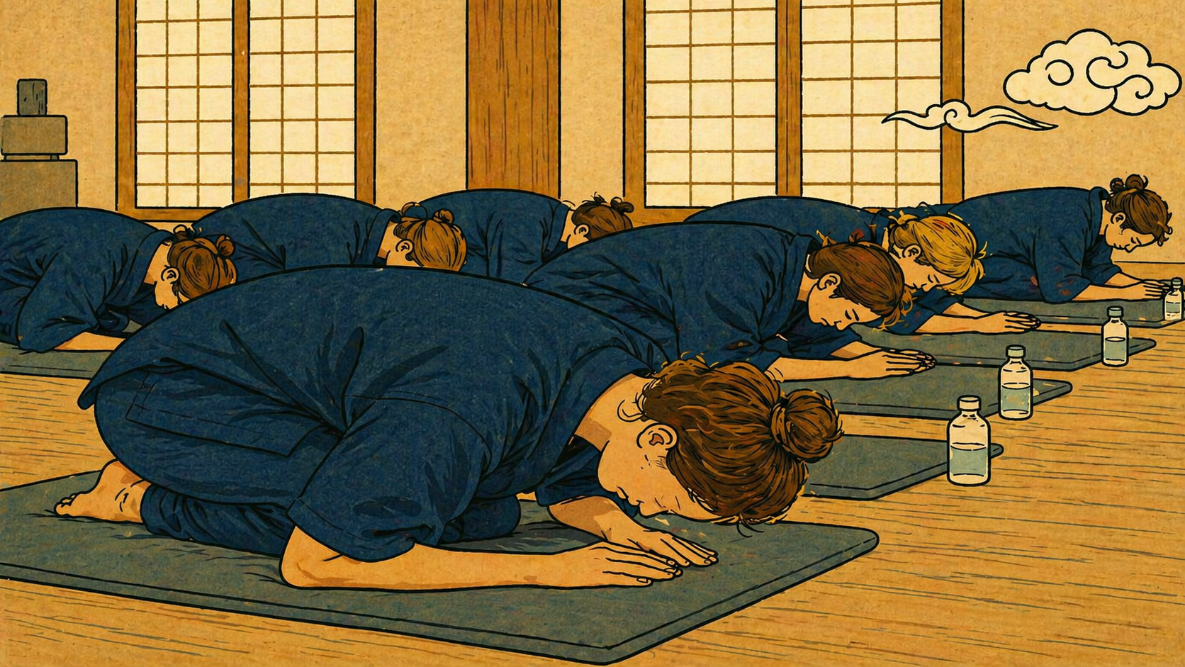 Multiple people in blue temple robes performing full prostrations in a Korean temple hall, representing Korean temple morning—illustrating the 108 bows (baekpalbae) ritual where each bow sets down one affliction and the body moves before the mind agrees.