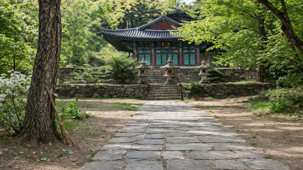 A stone pathway in a Korean temple courtyard with leaves scattered on the ground, representing Korean temple morning—illustrating the ulyeok work period where sweeping continues endlessly as leaves keep falling, teaching that the process itself is enough.